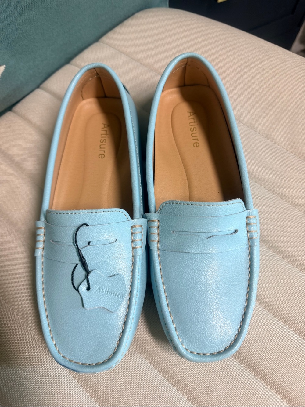 Artisure Women's Sky Blue Leather Slip-On Loafers